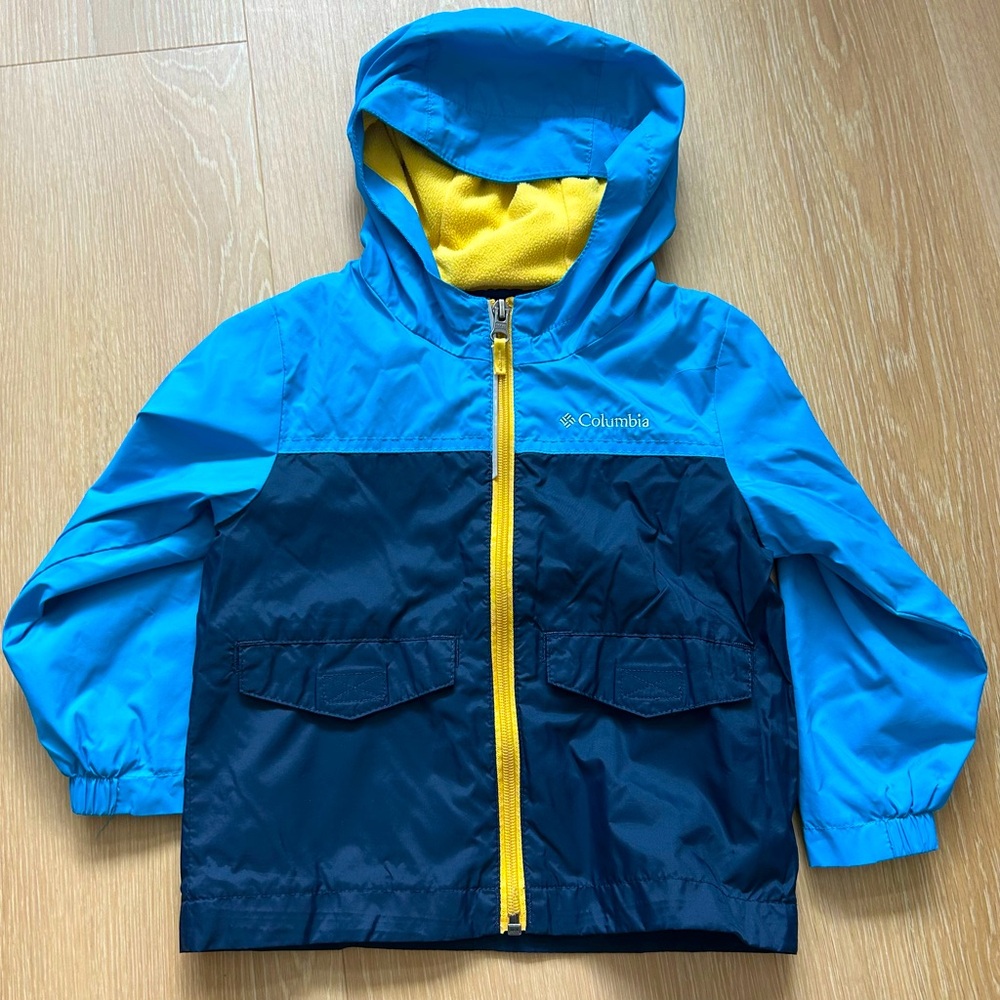 Blue and yellow Columbia Toddler Rain-Zilla Jacket (3T)